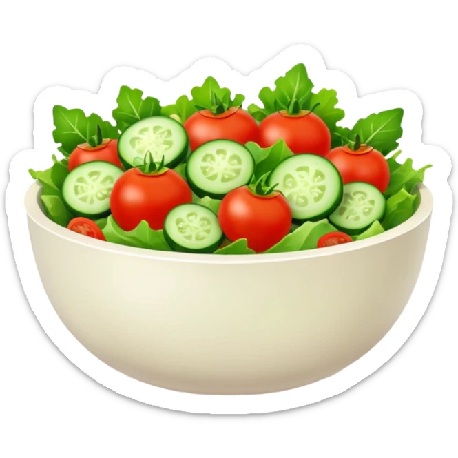 Salads avatar in clean emoji-style illustration. Fresh salad bowl with greens, tomatoes, cucumber, bright green tones, simple shapes, flat design, high contrast, light and healthy. sticker