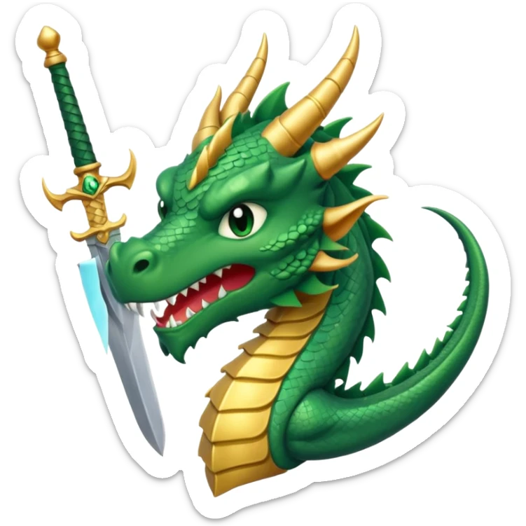cartoonish green dragon's head pierced by a sword, eyes closed in defeat, symbolizing victory over challenges, WhatsApp emoji style sticker