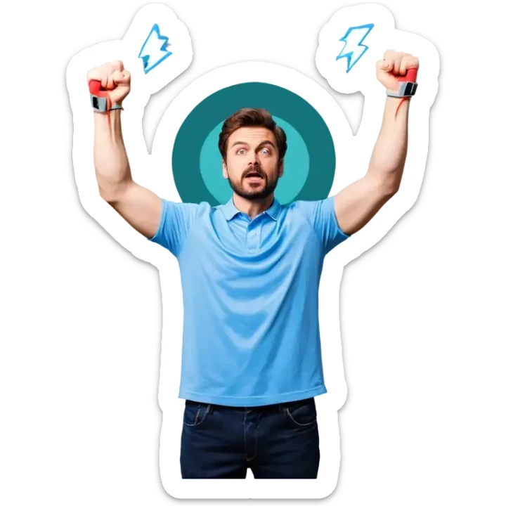 Man holding both arms in the air and holding an electrical cable der Man looks sad sticker