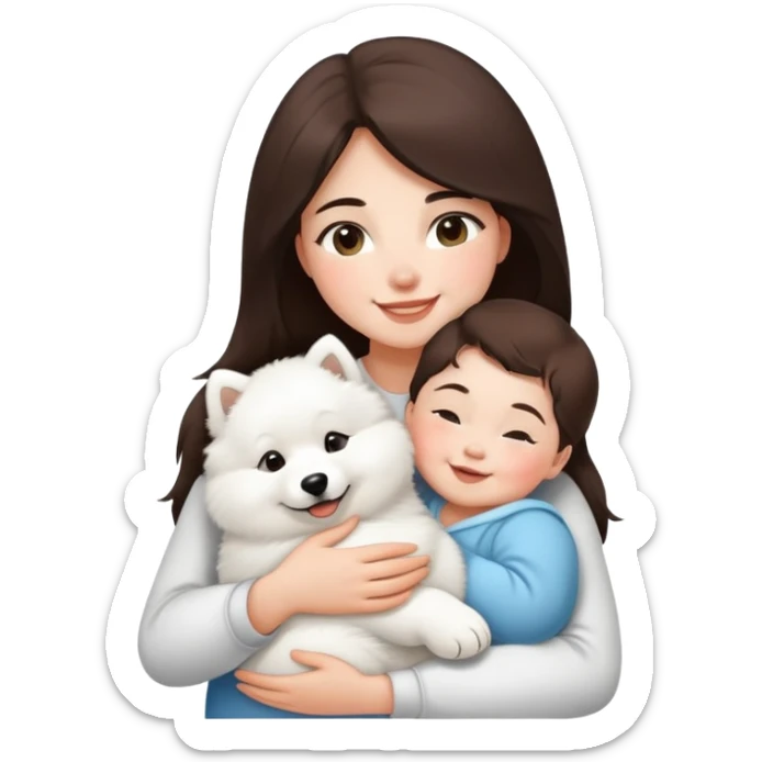 a shoulder-length brunette girl snuggles a cute smiling baby samoyed sticker