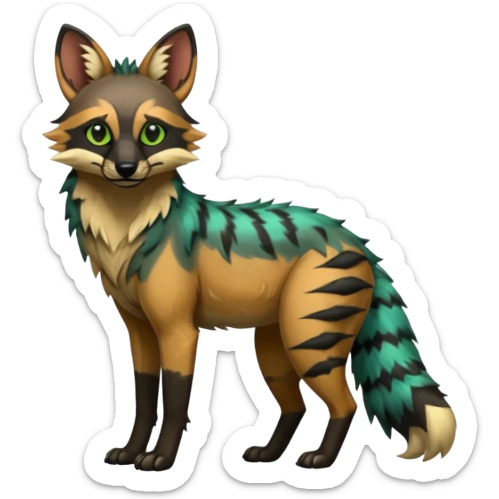 Shiny Green Colorful Dusky Dark Gloomy Glossy Aardwolf-Maned-Wolf-Bobcat-fusion-animal-hybrid-creature, full body sticker