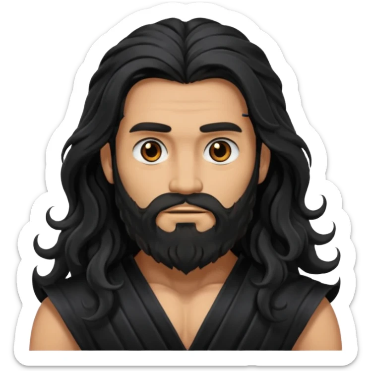 Hades from Olympus Gods with long black wavy hair and beard, black loincloth sticker