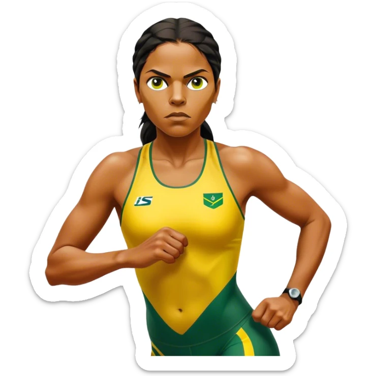Cinematic Realistic portrait of Cathy Freeman, shown as an iconic Australian sprinter with a focused, determined expression and modern athletic yellow and green attire accented with subtle native motifs, rendered in dynamic, vibrant lighting sticker