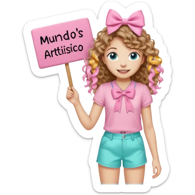 Crea una imagen mía kawai para stickers q tenga bonitos ojos cabello largo crespo color castaño claro y un hermoso moño rosa la blusa rosada y un hermoso chort color azul aguamarina y en sus manos un letrero q diga mundos Artistico Cc los zapatos estilo converse sticker