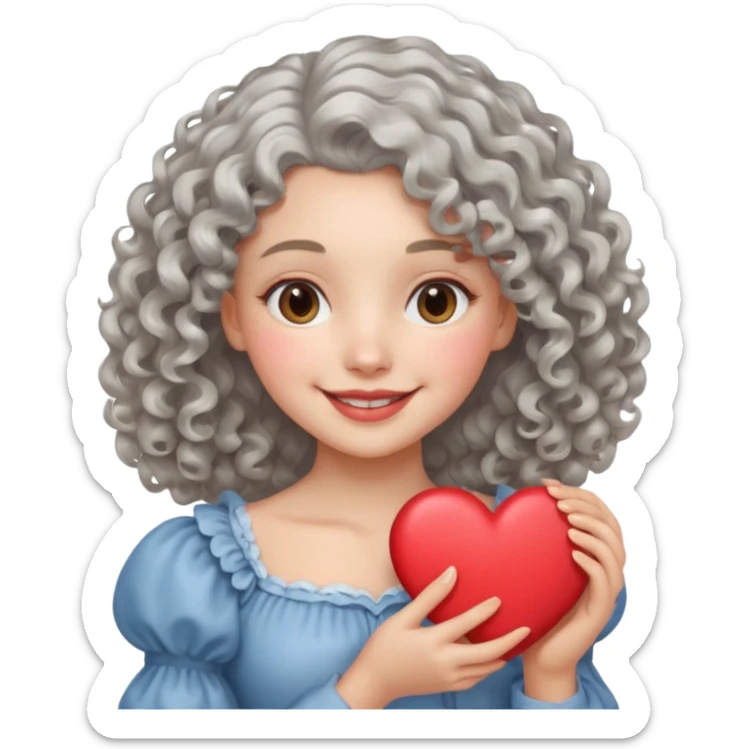 silvery curly/wavy shoulder-length hair smiling lady holding a heart less hair sticker