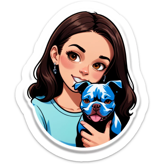 Slightly overweight beautiful girl with choppy long dark hair with her nose piercing and her black iPhone with her her pet pit bull girl with an underbite layed next to her sticker