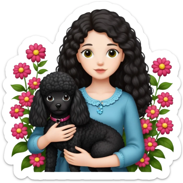 Long-haired girl holding a black poodle among flowers sticker