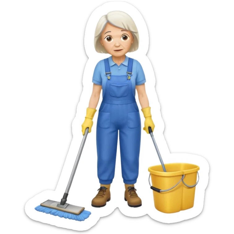 old women, Custodian with yellow rubber gloves, white T-shirt, blue overalls, mopping floor sticker