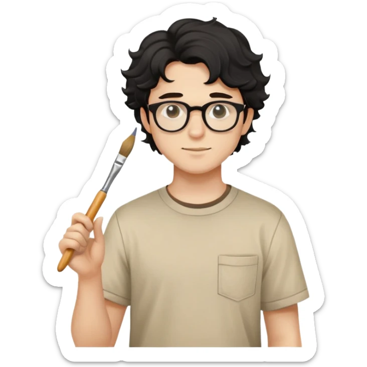 Young caucasian man with black wavy hair, round glasses, beige painting shirt, holding a square paintbrush sticker