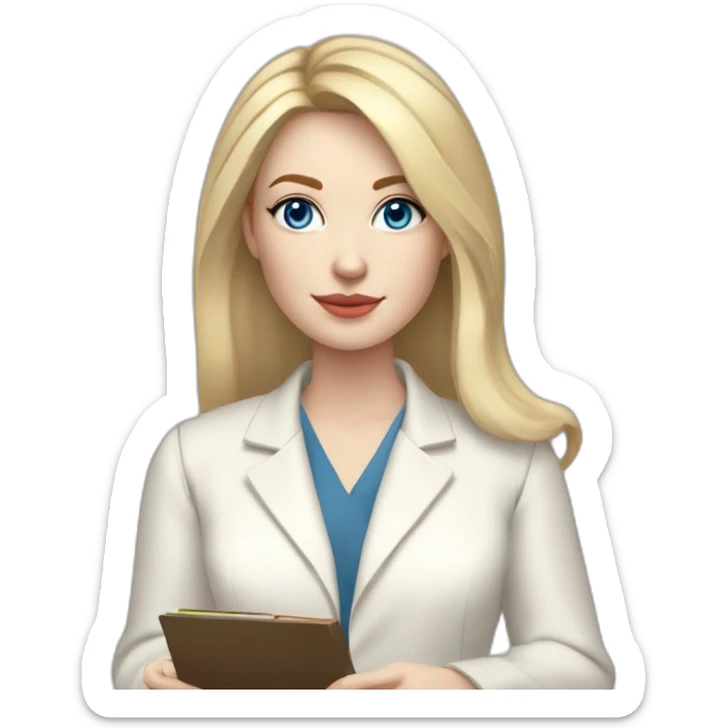 pale skin woman with blonde middle length straight line Hair to shoulders, blue eyes, White classical jacket, Gray Palazzo pants holding a color palette in the hands sticker