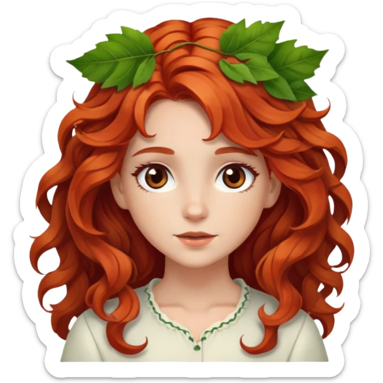 White red-haired girl with wavy hair and brown eyes, with some leaves in her hair. sticker