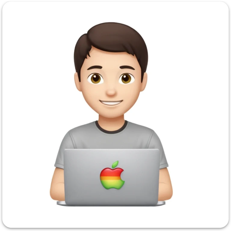 apple-style emoji of a happy young male developer, dark brown hair, hazel eyes, dimple, smiling and winking, tech t-shirt, sitting at a MacBook with Apple logo, light gray background sticker