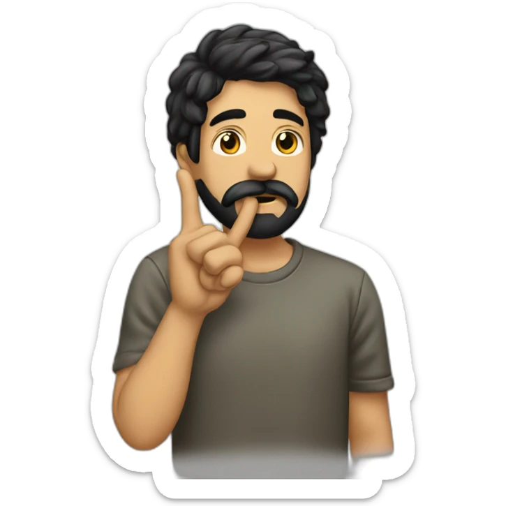 A guy with his finger in his mouth making the silence sign, black hair, beard sticker
