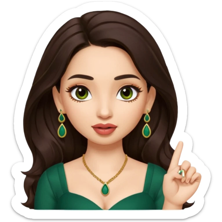 pretty bratz genmoji that looks like tamannah bhatia (bollywood actress), wearing a dark green sweetheart neckline top, dark brown hair, light makeup, no necklace, dangly earrings, side hair part, fair. dark brown eyes, long hair

Show her licking her finger  sticker