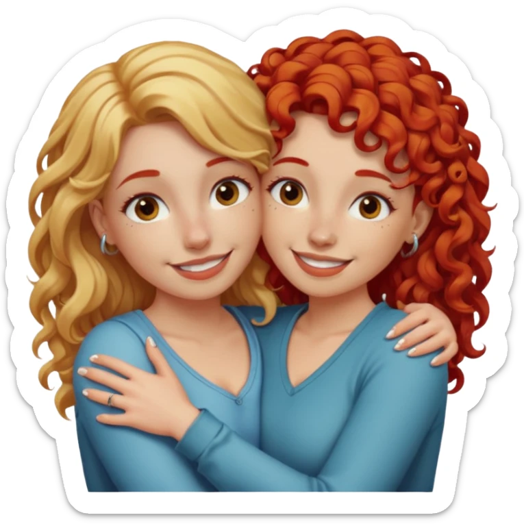 A woman with straight blonde hair and a nose piercing and a woman with curly red hair and a nose piercing are hugging and smiling together. sticker