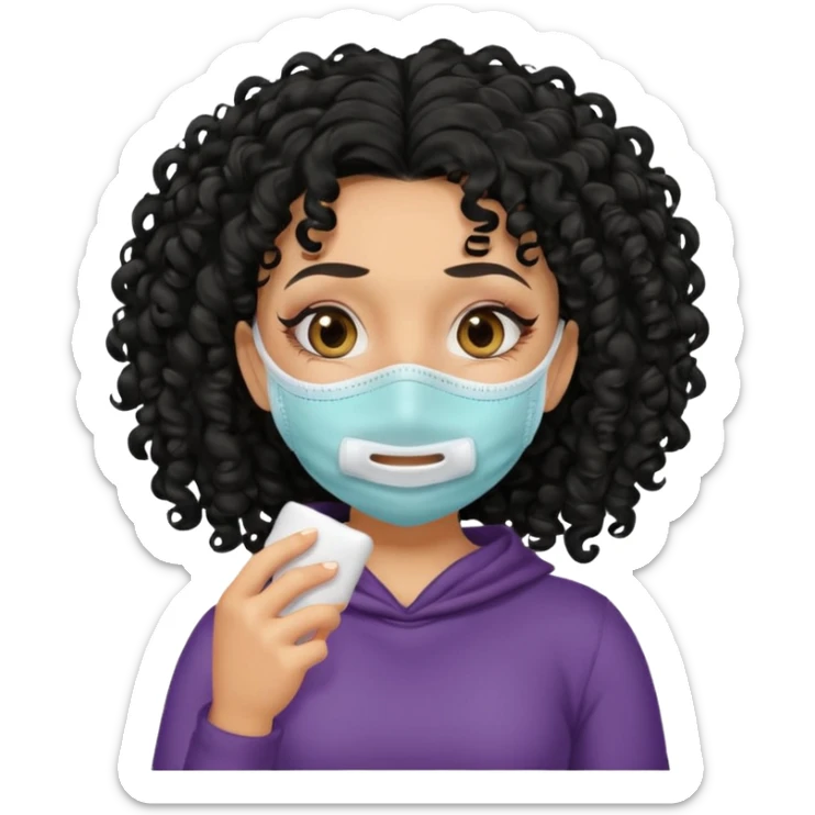 a pretty tan bratz girl with black curly hair. no makeup, looking sick, wearing a mask, coughing sticker