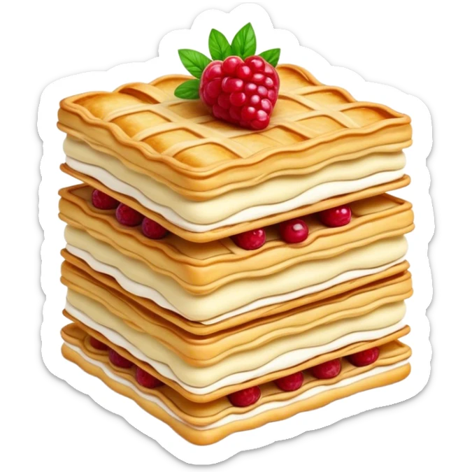 Mille-feuille Cinematic Realistic Mille-Feuille Dessert Emoji, depicted as a delicate pastry composed of two crisp layers of puff pastry with a rich cream filling, rendered with intricate textures and elegant, soft lighting. sticker