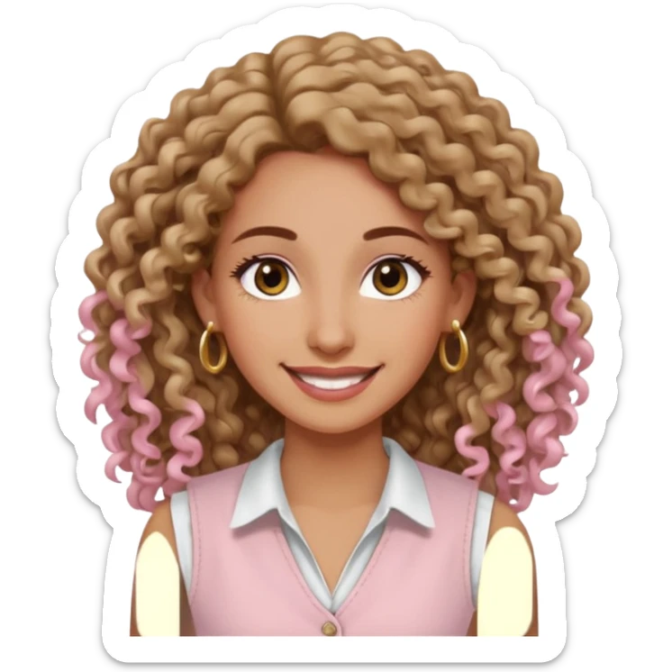 mujer un poco morena (no demasiado), pelo rizado largo, sonriendo, con ojos grandes y marrones con camisa rosa palo y un chaleco blanco y aretes dorados en forma de circulo en sus orejas  sticker