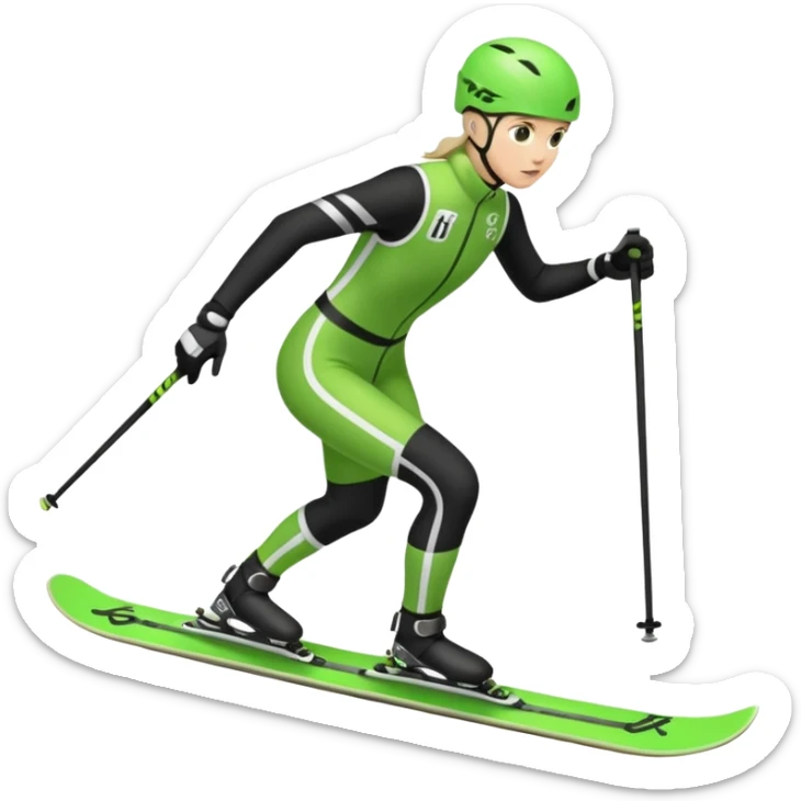 Xc ski racer in green and black clothing. Full body, skate skiing  sticker
