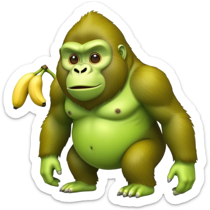 A hybrid creature with a yellow banana-shaped body and a bright green gorilla head sticker