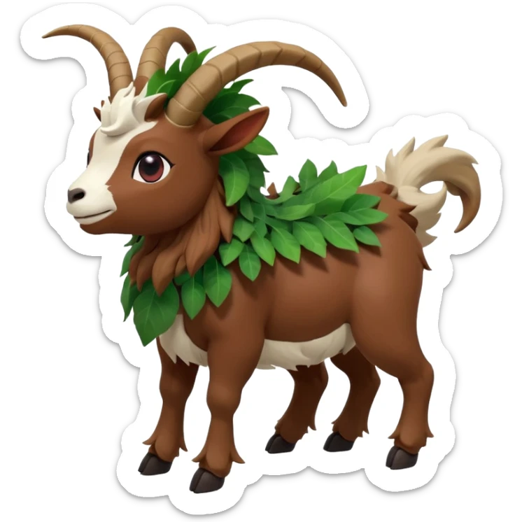 A kid riding on gogoat the quadrupedal, goat-like Pokémon with a brown, furry body and a leafy, green mane that extends down its back. It has large, black, curved horns, white fur on its face, a black nose, and red eyes. Its legs are shorter and lighter in color around the feet, back sticker