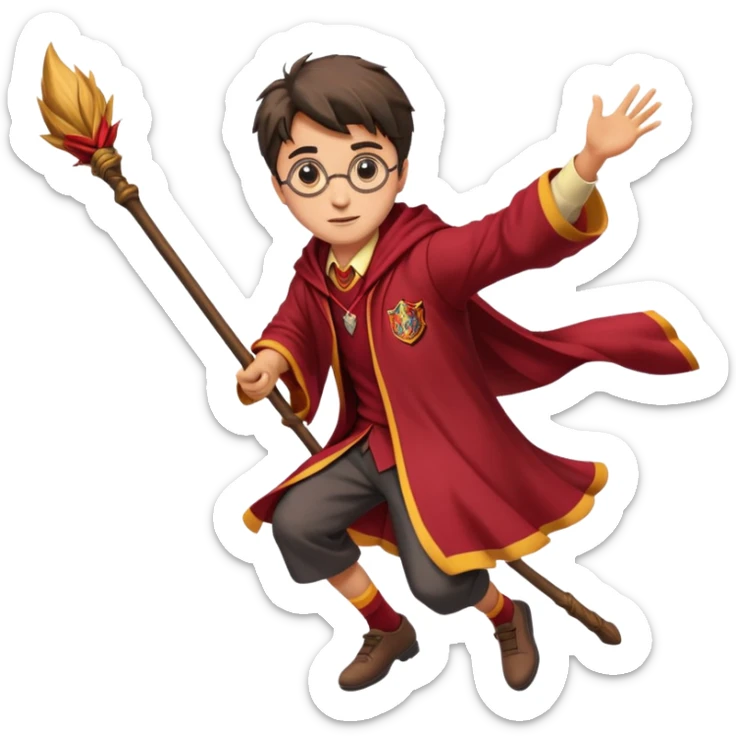 Cartoon-style illustration of Harry Potter flying on a broomstick, Gryffindor red and gold outfit, expressive face, dynamic motion, magical vibe, smooth shading, vibrant colors, no background, transparent background, isolated character. sticker