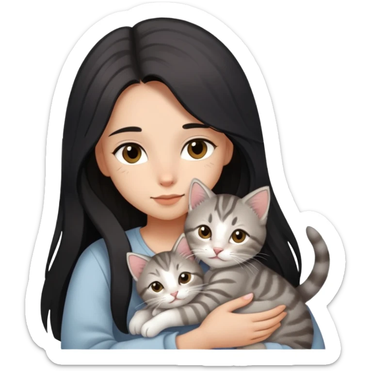 girl with black long hair, light-medium skin, brown eyes snuggling light grey tabby kitten sticker