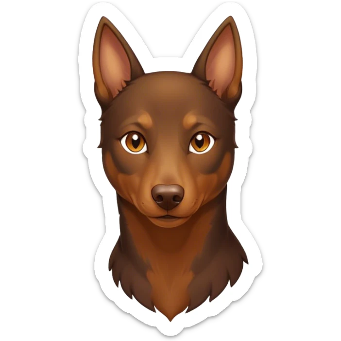 Cinematic Noble Brown and Tan Kelpie Portrait Emoji, Poised and regal, with a strong, agile build and a rich, well-groomed Fur of warm brown and tan, piercing warm eyes, Simplified yet sharp and sophisticated features, highly detailed, glowing with a soft, dignified glow, high shine, intelligent and energetic, stylized with an air of determination, focused and attentive, soft glowing outline, capturing the essence of a watchful and confident herder, so majestic it feels as though it could bound out of the screen with effortless authority! sticker