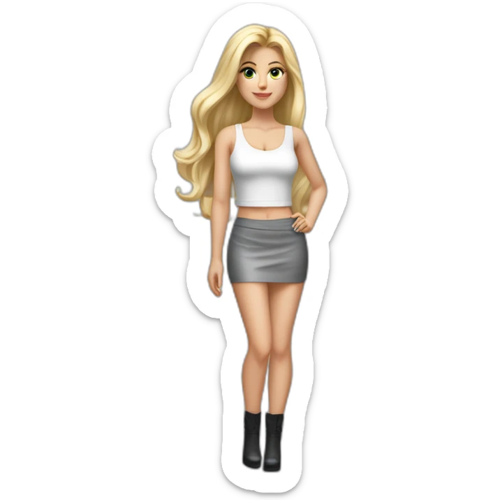 realist caucasian long blonde hair woman sexy white crop tank top gray tight mini skirt black high heel shoes full body sticker