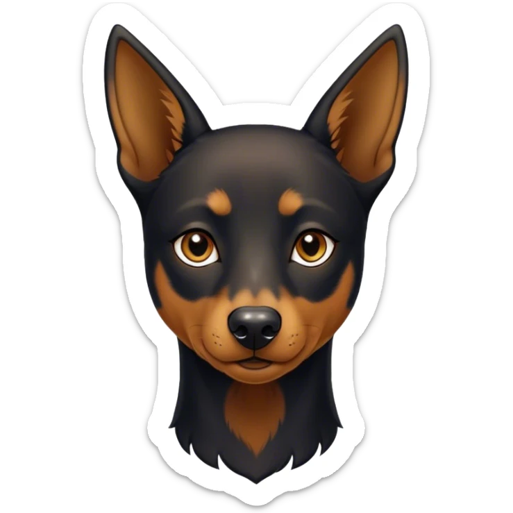 Cinematic Noble Black and Tan Kelpie Portrait Emoji, Poised and regal, with a strong, agile build and a glossy, well-groomed Fur of deep black and tan accents, piercing dark eyes, Simplified yet sharp and sophisticated features, highly detailed, glowing with a soft, dignified glow, high shine, intelligent and energetic, stylized with an air of determination, focused and attentive, soft glowing outline, capturing the essence of a watchful and confident herder, so majestic it feels as though it could bound out of the screen with effortless authority! sticker