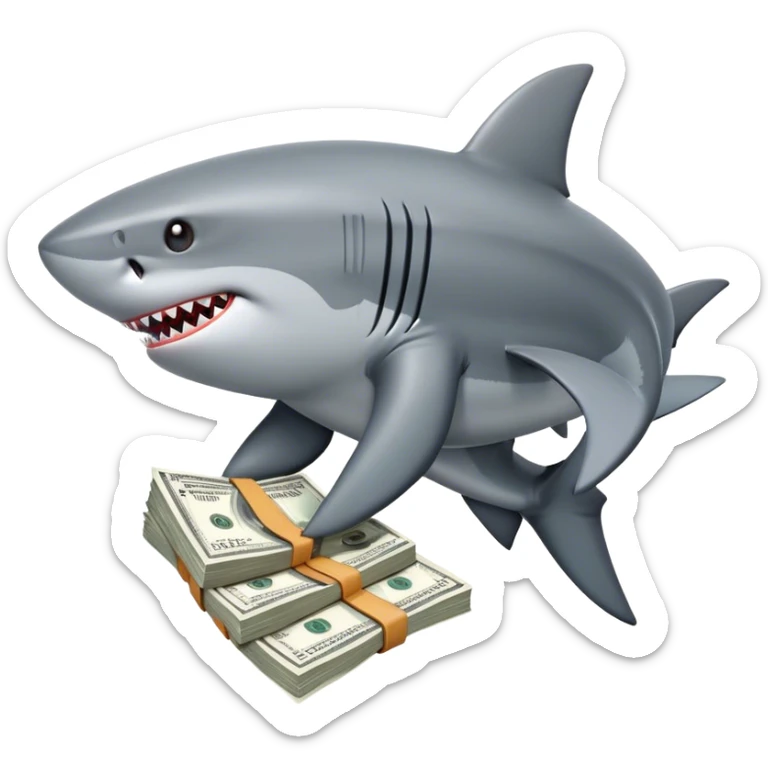 "Swim to profit" - a shark in leather gloves Louis Vuitton, moving along cash flows. sticker