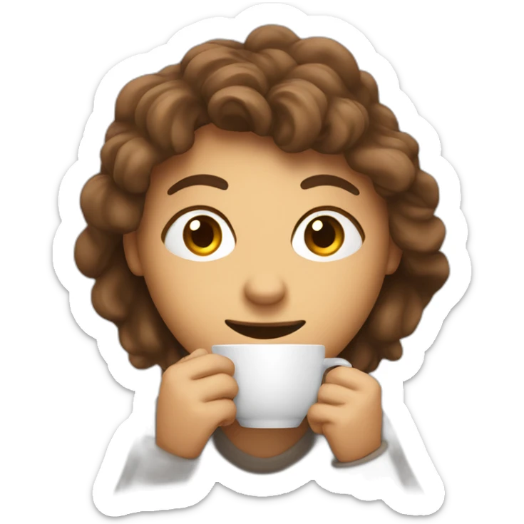 person with a cup of coffee in hands and eyes wide open, face all visible, nervous smile sticker