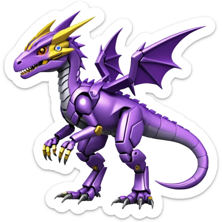 Cool Edgy Purple Yellow Digimon-Fakemon-Guilmon-Velociraptor-Dragon-Mecha full body sticker