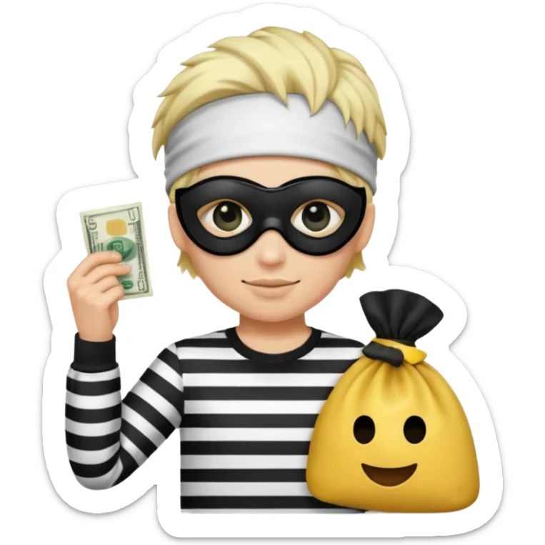 Realistic ios emoji-style portrait of a classic burglar, a black eye mask and a black-and-white striped shirt. emoji-like hair, black hat, a bag of money 💰 with a dollar sign in a right corner  sticker