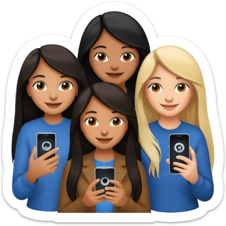 3 brown girl friends with a phone on their hand, one with black long hair, one with brown hair long and the other one with black and blonde hair,  sticker