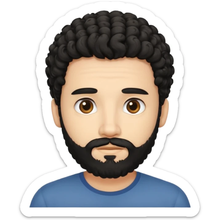 This is a cartoon-style avatar of a man with curly black hair, a beard, and a calm expression sticker
