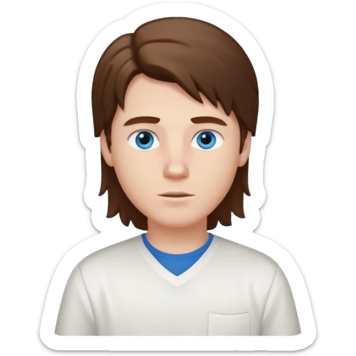 White boy with blue eyes and brown semi long hair with a White shirt sticker
