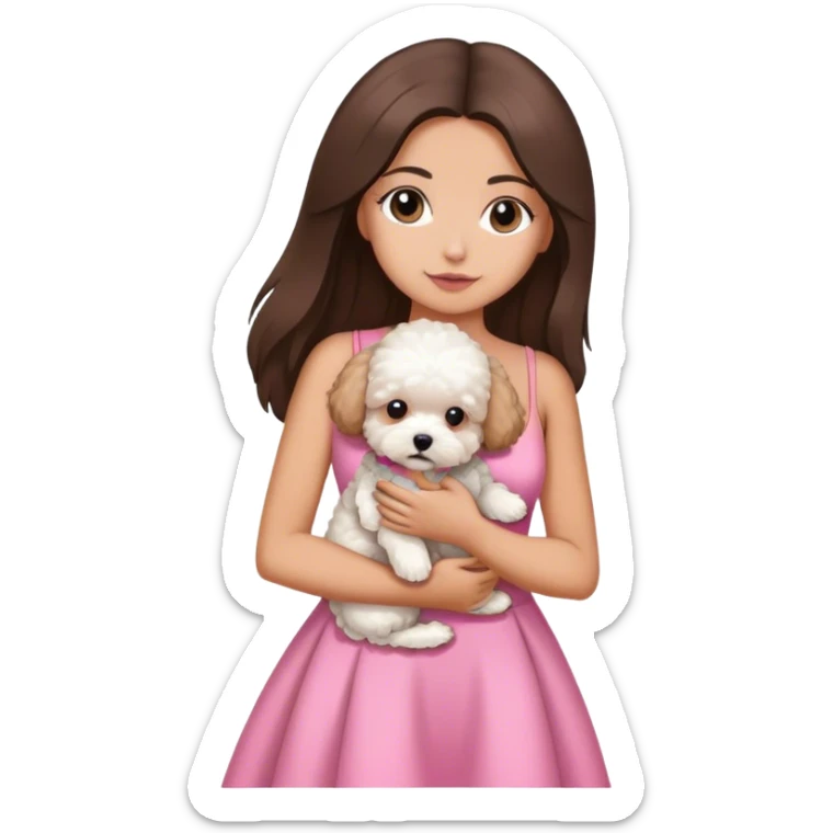 brunette sexy with long straight hair holding white maltipoo in pink dress sticker