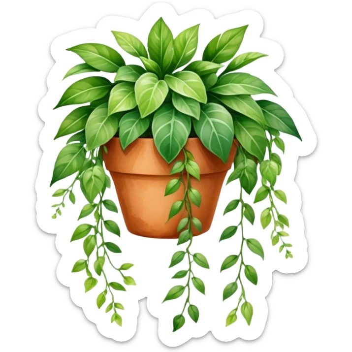 A vibrant hanging plant in a terracotta pot, painted in soft watercolor strokes with detailed leaves cascading down. sticker