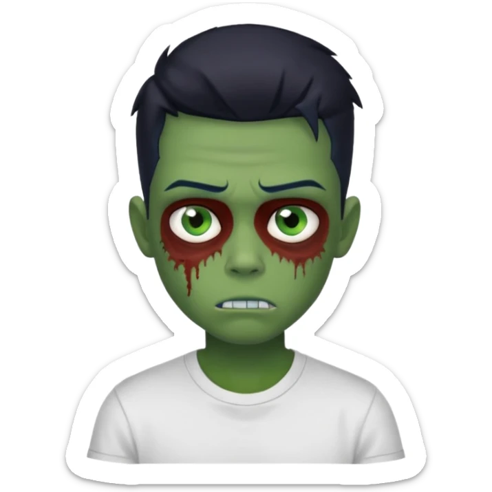 boy zombie with blue eyes and slick back middle part black hair green skin and white t shirt greasy hair more slicked back low skin fade sticker