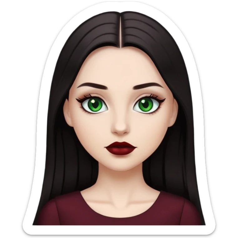 white girl with dark straight long hair, green eyes, black eyelashes, dark red lipstick and black dress sticker