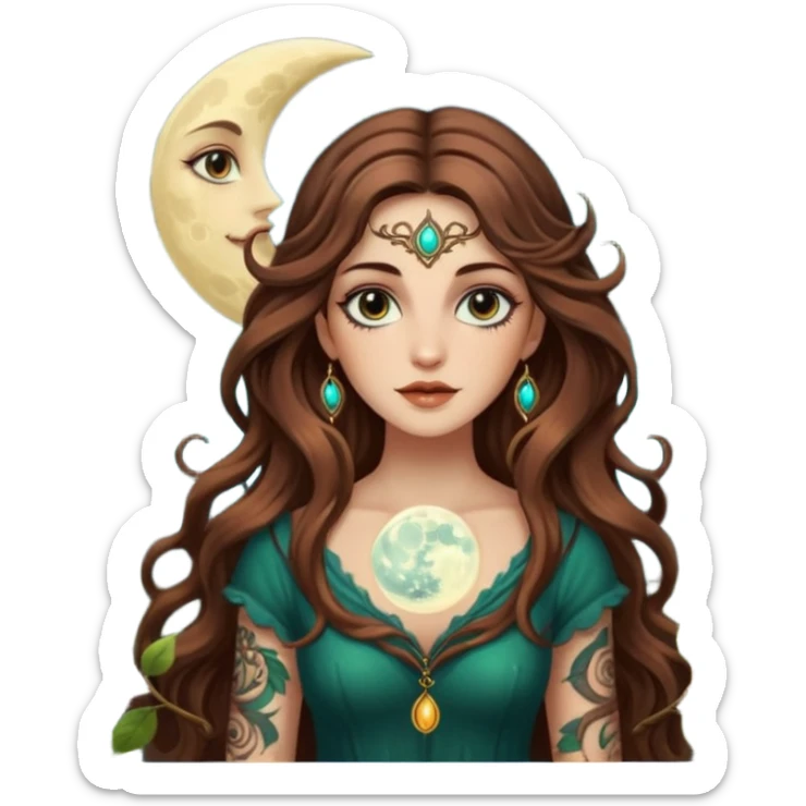forest mystic woman long wavy brown hair tattoos half-lidded eyes moon glow sticker