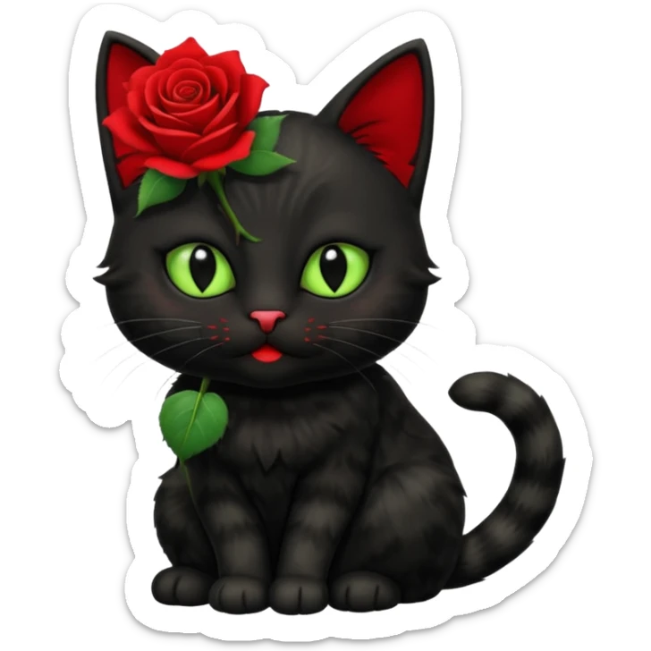 Cute emoji-style black cat holding a red rose in its mouth, big round eyes with light green sclera and black pupils, fluffy fur, clean mascot style, centered, soft beige background, 1:1 ratio. sticker