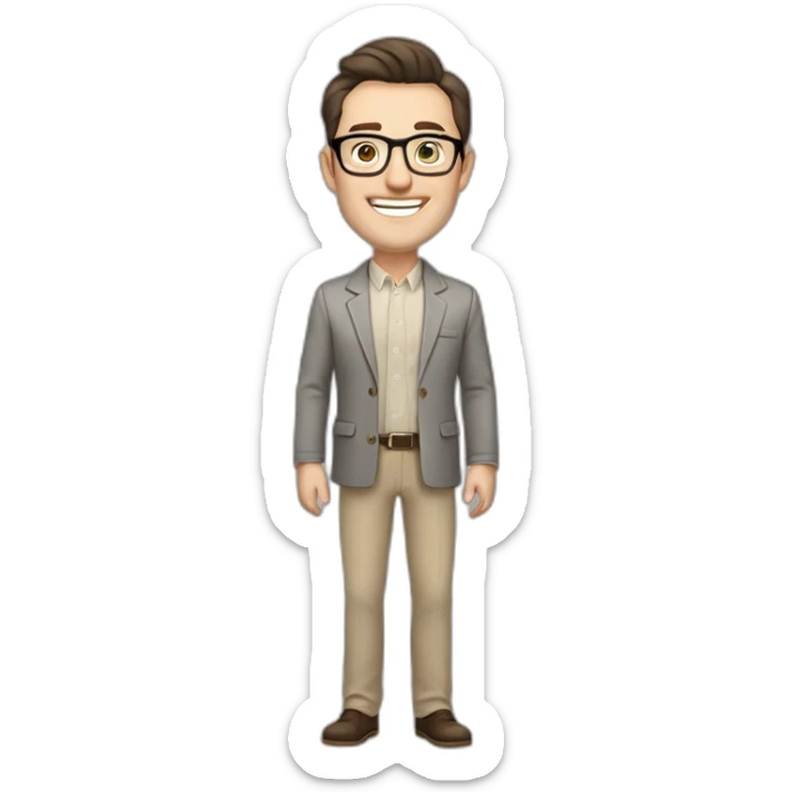 Joyful Full height Pale skinned Fit Man With dark brown hair in gray jacket, beige office shirt, Brown pants and vintage glasses. His thrumbs up sticker