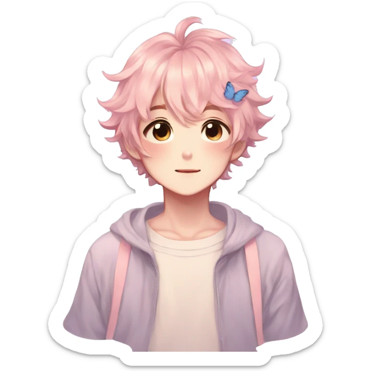 Gorgeous pastel anime style boy with blushing face and butterflies aesthetic trending style sticker