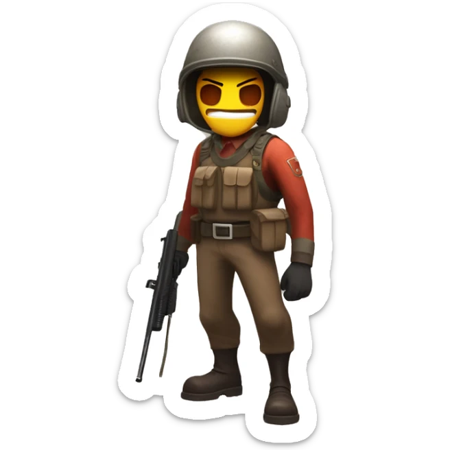 The Soldier from Team Fortress 2, with a helmet covering his eyes and with a maniacal smile sticker