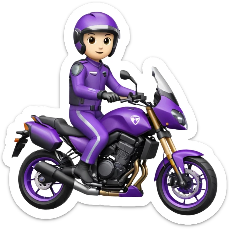 Créer un emoji avec une moto mt07 sport noir mate / violet iridescent très foncé, pare-brise de la moto violet. Avec une pilote dessus visière violet sombre visage caché . Avec fond arrière violet en arrière plan. sticker