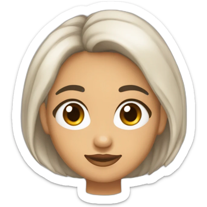 Morena de pelo medio, tez blanca, nariz chata, ojos un poco rasgados y marrones y la cara redondo da sticker