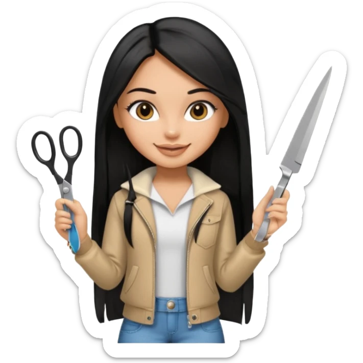 a pretty tan bratz girl with black long straight hair smiling and holding scissors sticker