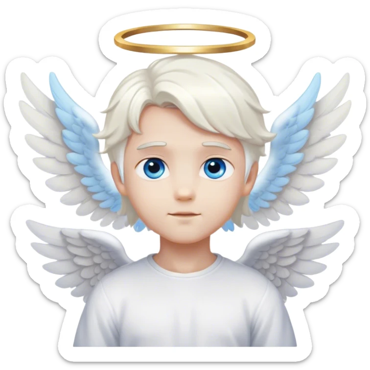 Cute angel boy with white hair, white angel wings, a halo above her head and blue eyes, sticker